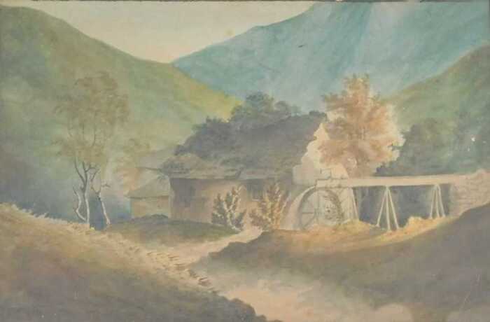 19thC British School. Water Mill, watercolour, 20cm x 29cm.