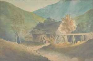 19thC British School. Water Mill, watercolour, 20cm x 29cm.
