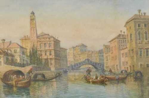 F A Hull. Venice canal scene, watercolour, signed, 20cm x 29.5cm. Stamped verso, Zella 9 Art...