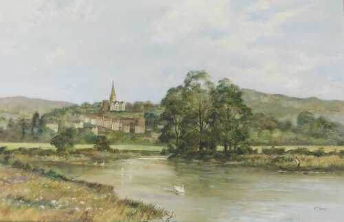 A J Avery (20thC). River landscape with village in the background, oil on canvas, signed, 50cm x...