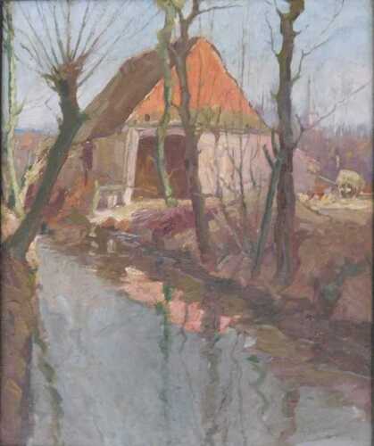Termeus. River scene with farmstead, oil on canvas, signed, 45cm x 37cm.
