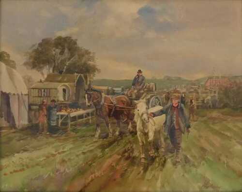 Michael Crawley (19thC/20thC). The Horse Fair, watercolour, signed, 43cm x 54cm. Invoice verso,...