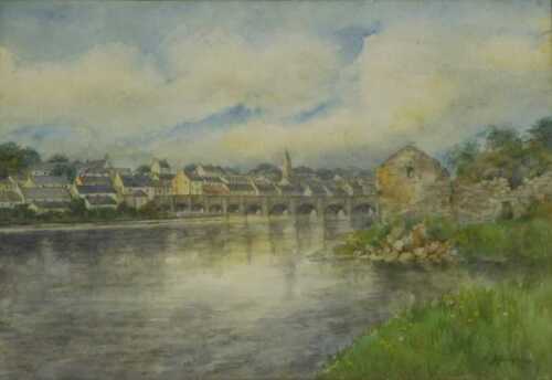 M Allingham (19thC/20thC). River landscape with bridge and town, watercolour, signed, 17.5cm x...