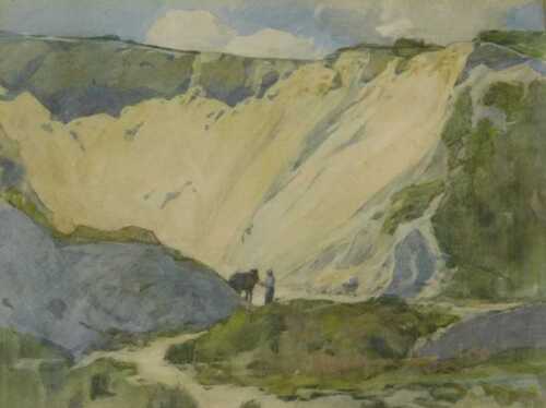20thC School. Figure with horse in mountain landscape, watercolour, 26cm x 33cm.