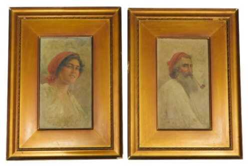 19thC Italian School. Country man smoking a pipe, maiden, oil on board - pair, indistinctly...