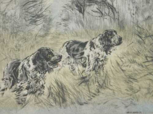 Henry Wilkinson (1921-2011). A pair of Spaniels, artist signed coloured etching, 108/150, 25cm x...