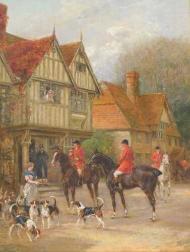 Heywood Hardy (1842-1933). The Hunt, oil on canvas, signed, 47.5cm x 36cm. Label verso, Haynes...