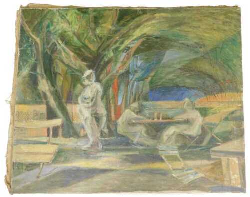 20thC School. Figures in garden scene, oil on canvas, 72.5cm x 88cm.