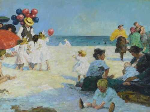 20thC School. Seaside beach scene, oil on canvas, 75cm x 100cm.