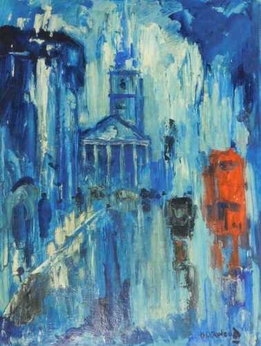 Lawrence James Isherwood (1917-1989). Rain at St Martins London, oil on board, signed and titled...