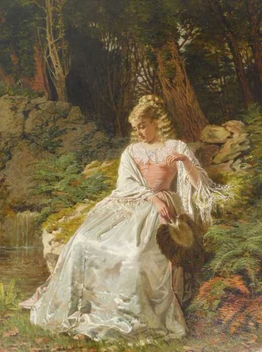 Thomas Edward Roberts (1820-1901). "Reminiscing" - a blond haired maiden sitting on a bank in a...