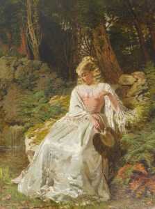Thomas Edward Roberts (1820-1901). "Reminiscing" - a blond haired maiden sitting on a bank in a...