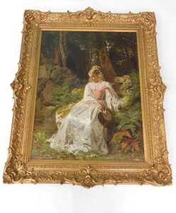 Thomas Edward Roberts (1820-1901). "Reminiscing" - a blond haired maiden sitting on a bank in a... - 2