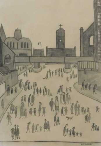 Street scene with Viaduct, pencil drawing, signed L.S. Lowry, 29.5cm x 20.5cm.