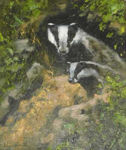 Mick Cawston (1959-2006). Badgers, oil on board, signed, 29.5cm x 24.5cm.