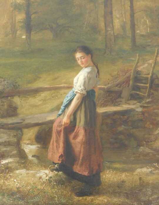 Henry John Yeend-King (1855-1924). "The Stream" - a pigtailed young maiden standing by a narrow...