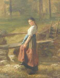 Henry John Yeend-King (1855-1924). "The Stream" - a pigtailed young maiden standing by a narrow...