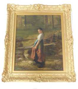 Henry John Yeend-King (1855-1924). "The Stream" - a pigtailed young maiden standing by a narrow... - 2
