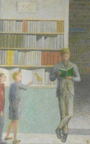 Ursula Edgcumbe (1900-1985). Figure reading, oil on board, initialled, 43.5cm x 27.5cm. Label...