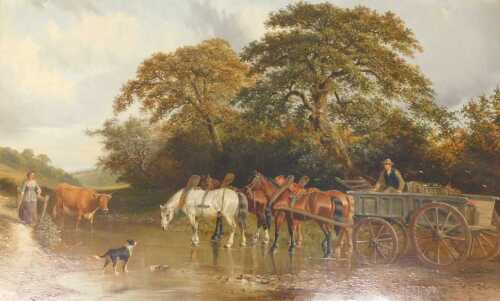 Samuel Joseph Clark (1841-1928). "Crossing the Ford" - a farmer seated in a wagon, with baskets...