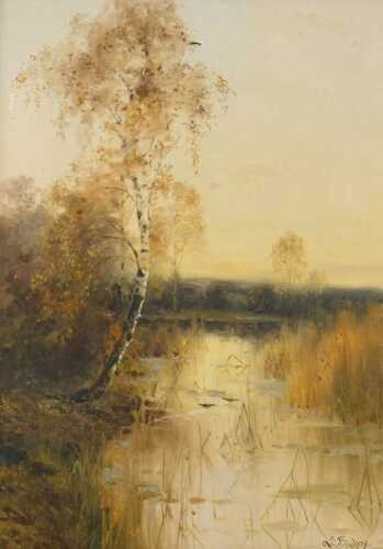 Albert E Bailey (1867-1905). Woodland river, oil on canvas, signed, 33.5cm x 23.5cm. 
Label...