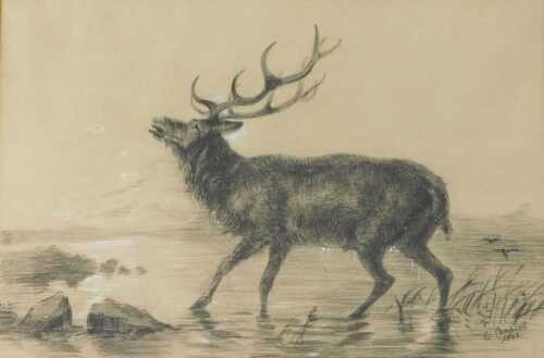 E Campbell (19thC/20thC). Stay at waters edge, drawing with highlight, signed and dated 1908,...
