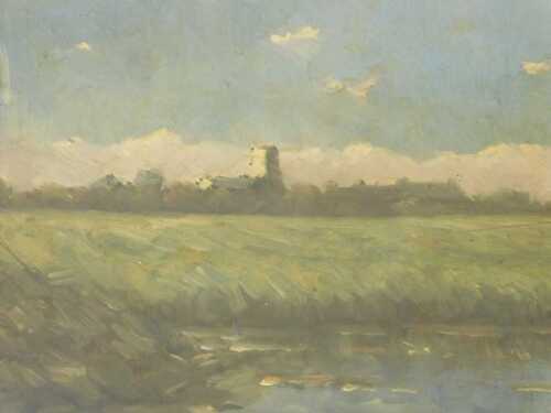 C Wood (20thC). Blythburgh, oil on board, titled verso, 24cm x 31.5cm. Label verso, An Art Shop...