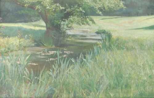 C Wood (20thC). River scene, oil on canvas, signed and dated 1916, 30cm x 45.5cm.