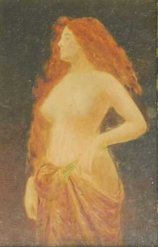 19thC School. Semi clad maiden, over painted print, 13cm x 9cm.