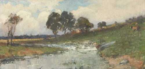 20thC British School. River landscape, oil on board, 18.5cm x 38cm.