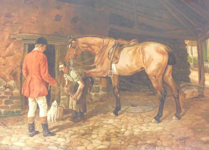Wright Barker (1864-1941). "A Disputed Point", a farrier at work filing the shoe of a bay hunter,...
