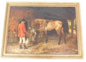 Wright Barker (1864-1941). "A Disputed Point", a farrier at work filing the shoe of a bay hunter,... - 2