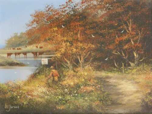 Les Parson (b.1945). Fishing by the river, oil on canvas, signed, 29cm x 39cm.