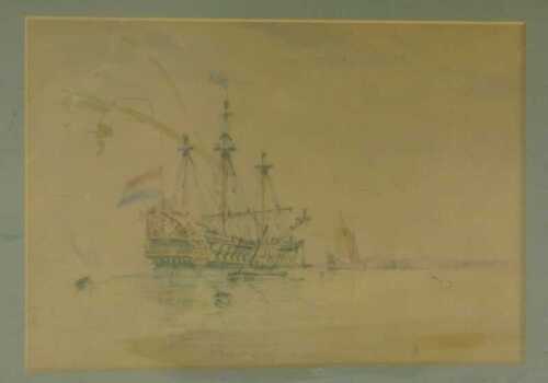 Auguste Ballin (1842-1885). Fitting out a Man O' War 1680, watercolour, monogramed and titled,...