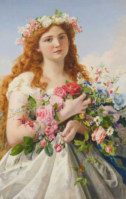 Sophie Anderson (1823-1903). "Spring" - a young lady wearing a white dress clasping a large...
