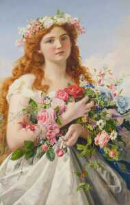 Sophie Anderson (1823-1903). "Spring" - a young lady wearing a white dress clasping a large...
