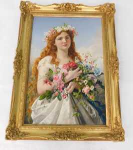 Sophie Anderson (1823-1903). "Spring" - a young lady wearing a white dress clasping a large... - 2