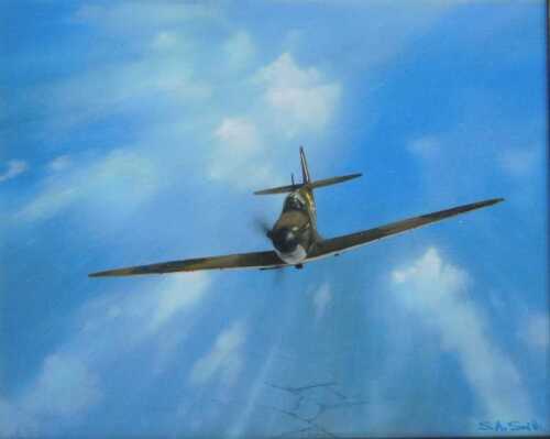 Simon South (b.1960). Spitfire MkI, oil on board, signed and titled verso, 19cm x 24cm. 
Label...