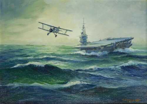 Terry George (20thC). Atlantic Patrol - Swordfish and Escort Carrier, oil on board, signed,...
