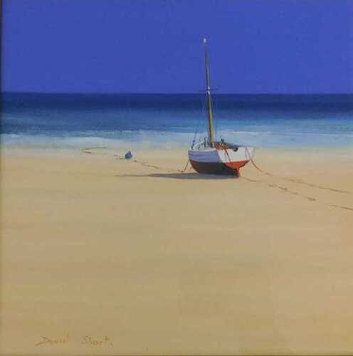 David Short (b.1940). Fishing boat on the beach, oil, signed, 28cm x 27.5cm.