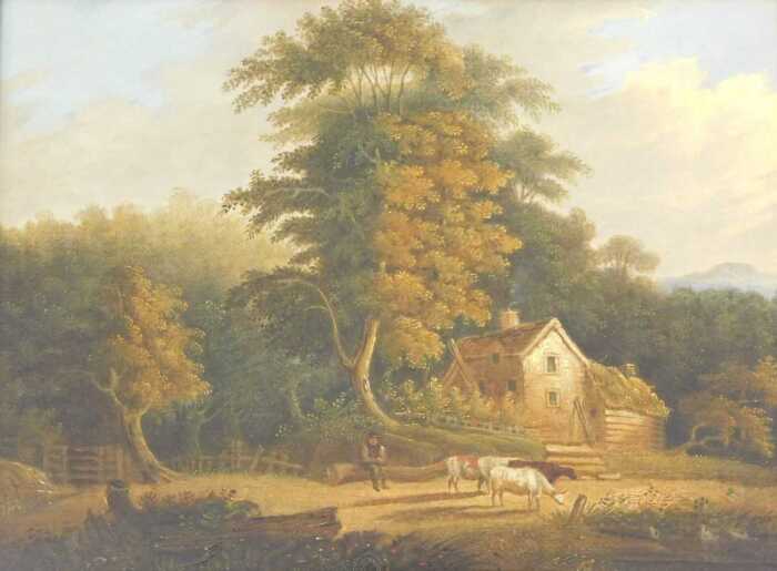 Julious Caesar Ibbbetson (1759-1817). Pastoral scene with a rustic seated on a felled tree...