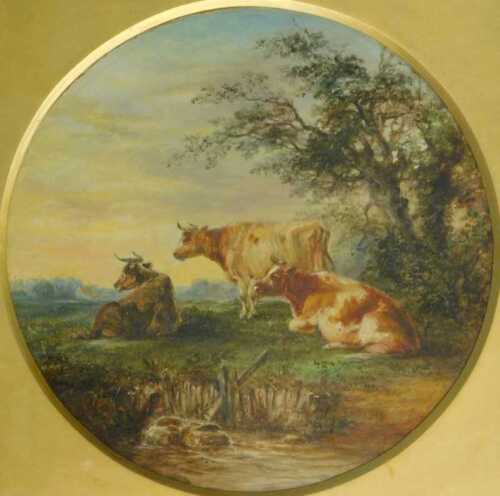 Robert Burrows (1810-1883). Cattle resting, oil, attributed on mount, 18cm x 18cm. 
Label verso,...