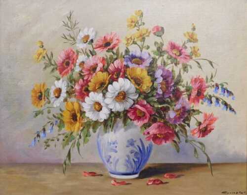 20thC School. Floral still life, oil on board, indistinctly signed, 39cm x 49cm.