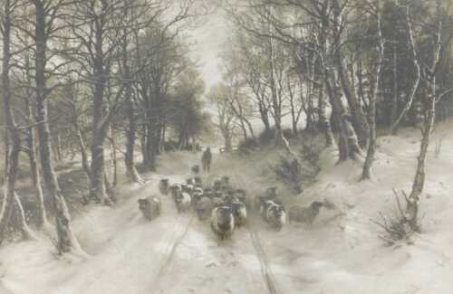 Joseph Farquharson (1846-1935). Through the calm and frosty air, artist signed monochrome print,...