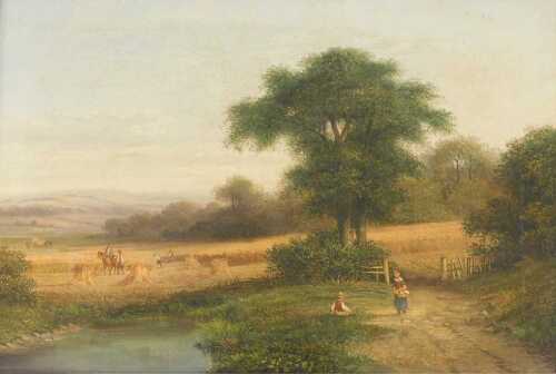 Walter Heath Williams (act.1841-c.1876). Harvest scene, a boy seated on the ground talking to a...