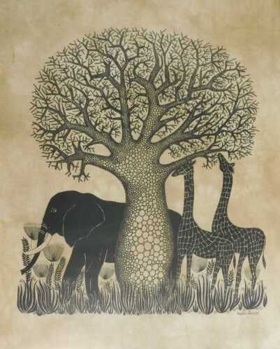 Heidi Lange (b.1940). Tree, Elephant and Giraffes, batik print, 78cm x 62cm.