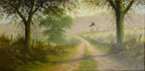 David Waller (b.1945). The Young Vixen, oil on canvas, signed, titled and dated 1991, 60cm x 120....