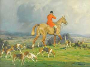 George Wright (1860-1942). "The Lost Scent" - a huntsman on chestnut horse riding towards edge...