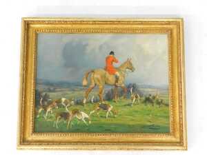 George Wright (1860-1942). "The Lost Scent" - a huntsman on chestnut horse riding towards edge... - 2