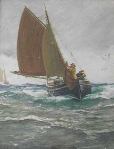 Charles Napier Hemy (1841-1917). Nearing home - down jib, Tempera, signed, titled and dated 1916,...